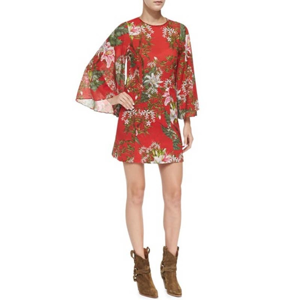 Isabel Marant Etoile Weston Red Cotton Floral Kimono Sleeve Mini Dress Size S